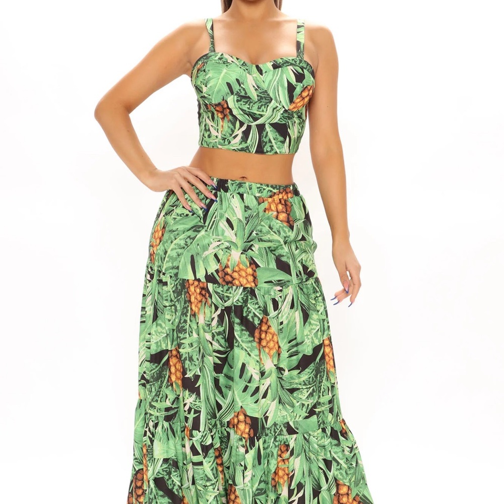 Two Piece Tropical Green Skirt Set